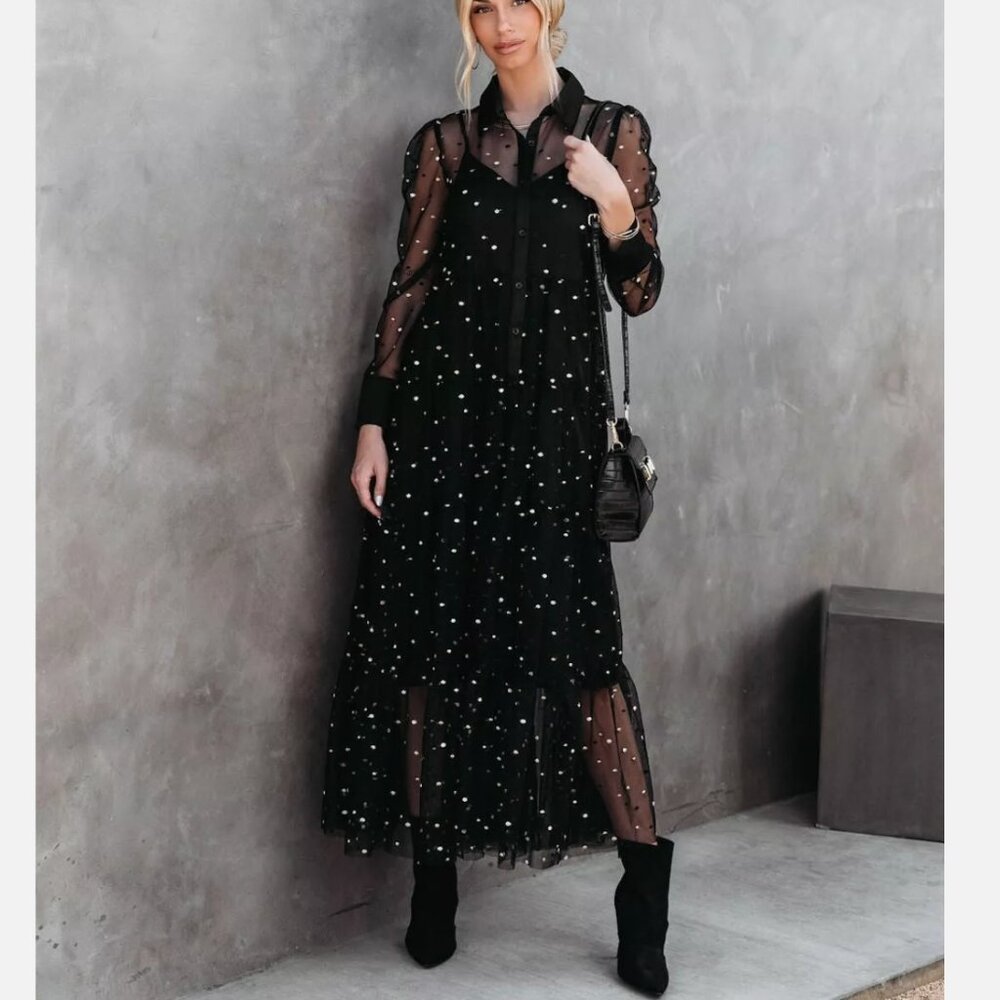 JOAQUIN EMBROIDERED MESH TIERED MAXI DRESS